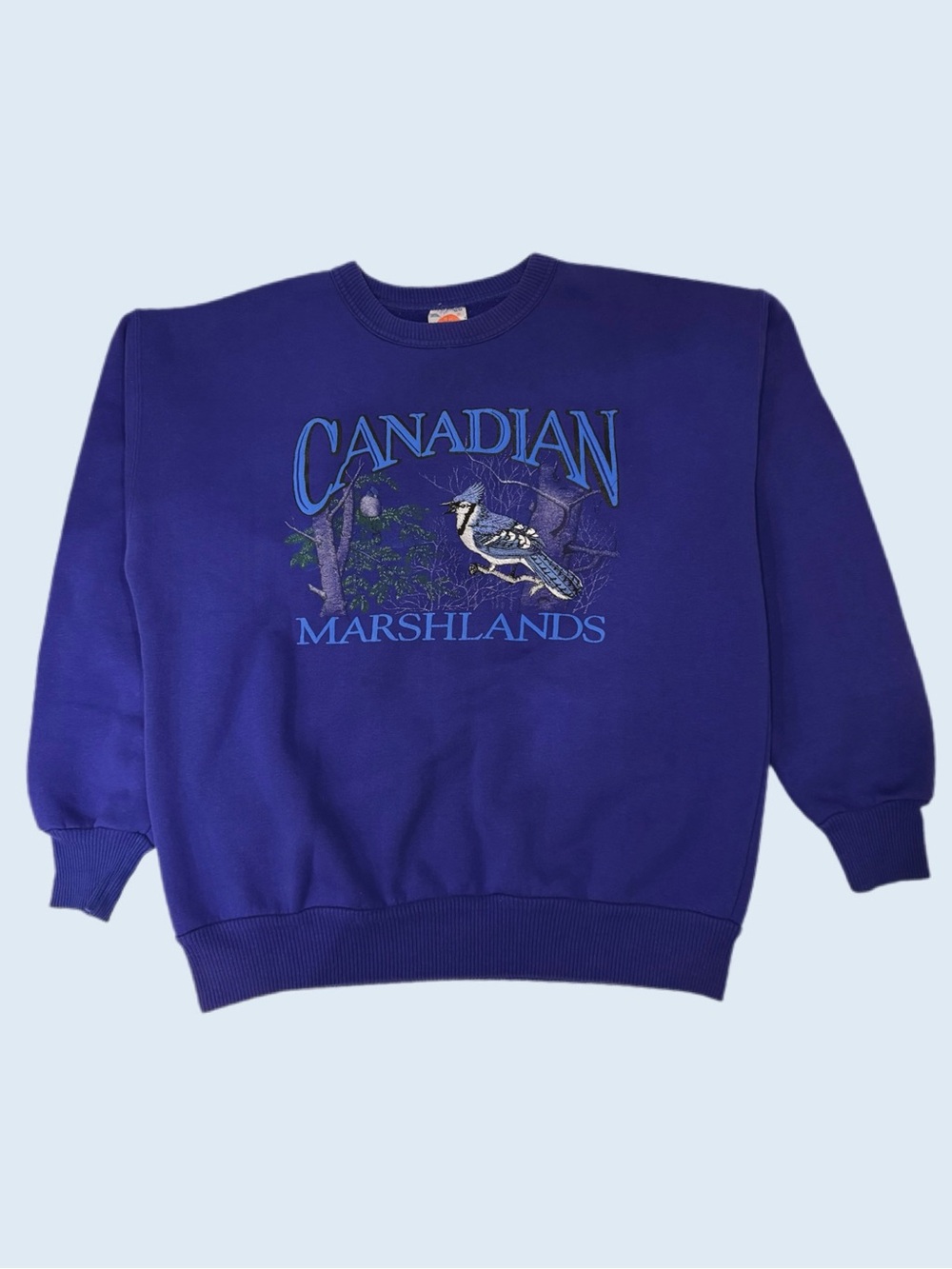 Vintage 90s Canadian Marshlands Blue Jay Nature Embroidery Crewneck Blue Medium